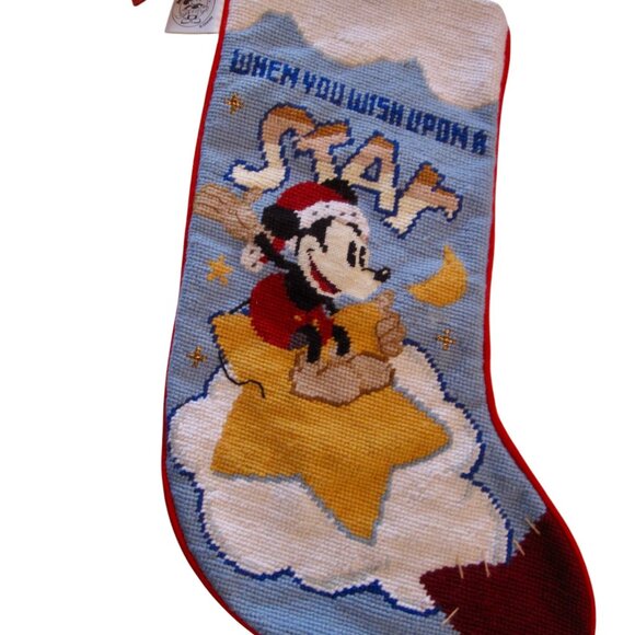 Disney Mickey Mouse Needlepoint Stocking Santa Hat Wish Upon a Star Vintage 19" - Picture 1 of 4